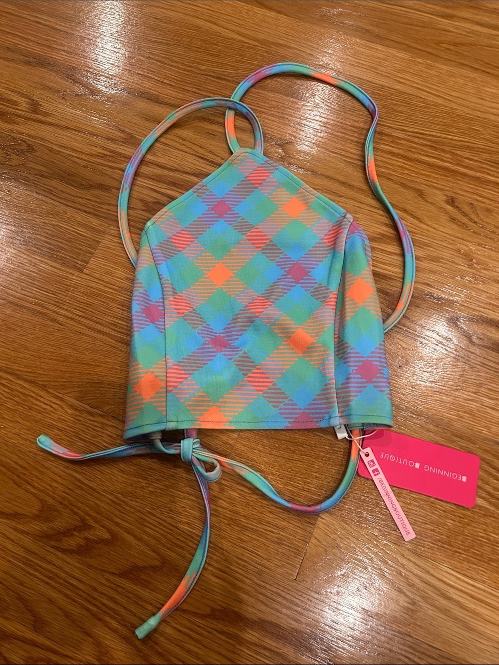 Beginning Boutique Georgie Argyle Halter Top Multi Pastel check size 8 new